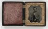 (CONFEDERATE) Important sixth-plate ruby ambrotype of a Confederate soldier, with gilt detailing;